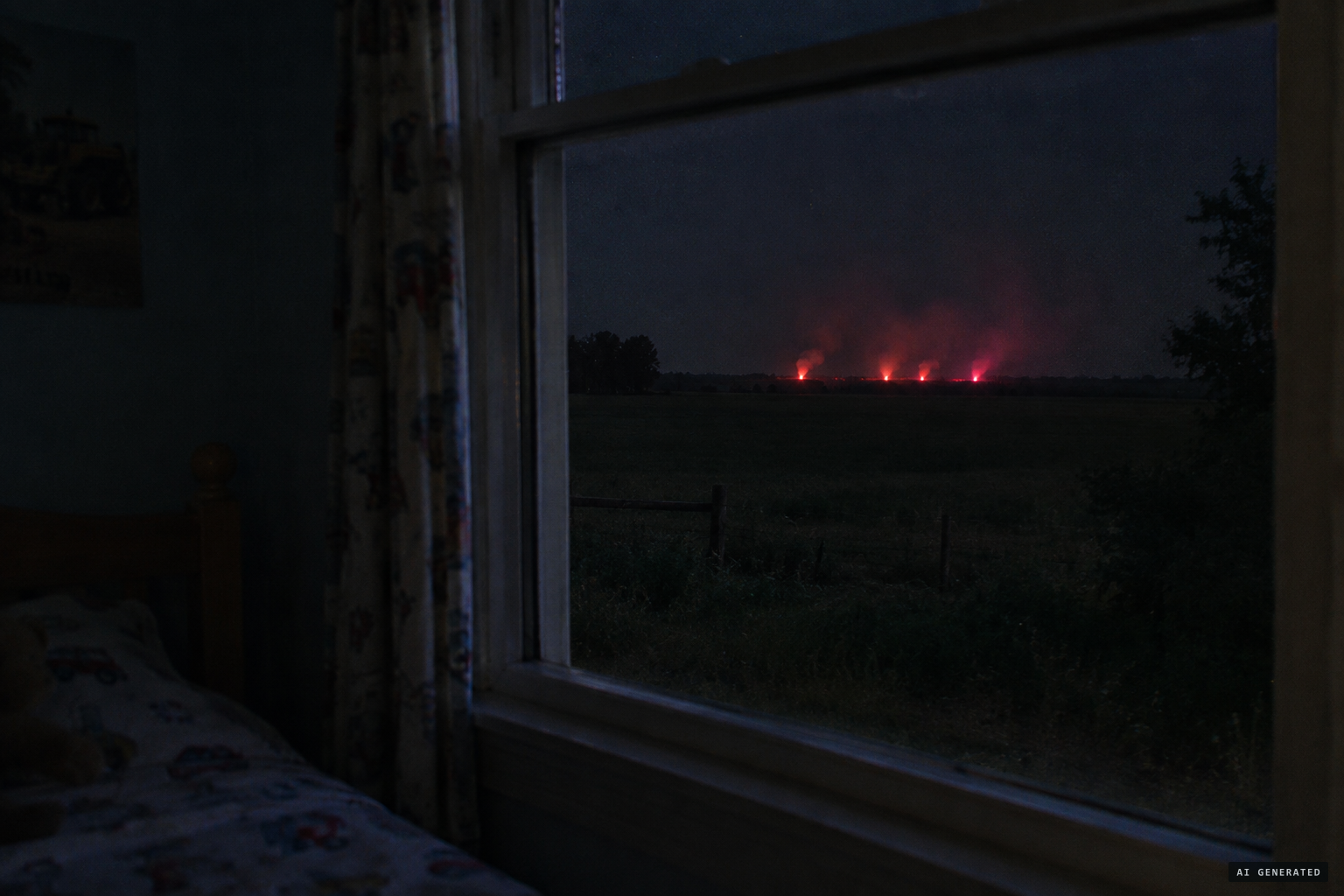 Fires or flares burning at the far end of the field