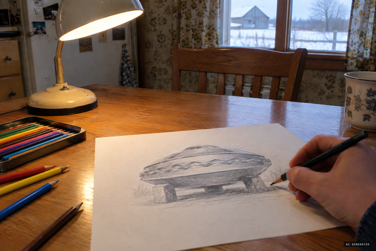 Labanek's drawing of a silver-grey craft on three blocks