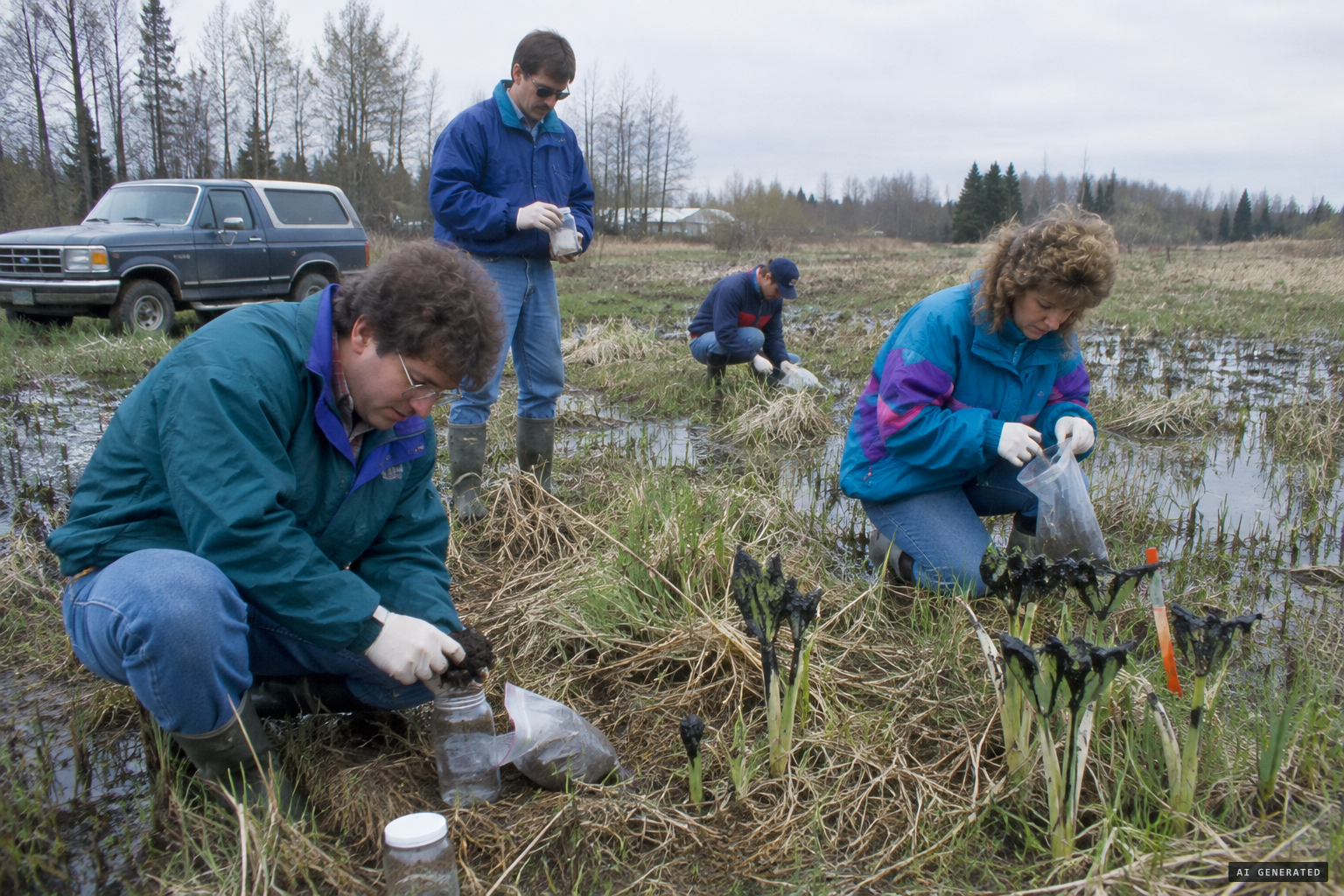 Investigators take soil and plant samples from the site
