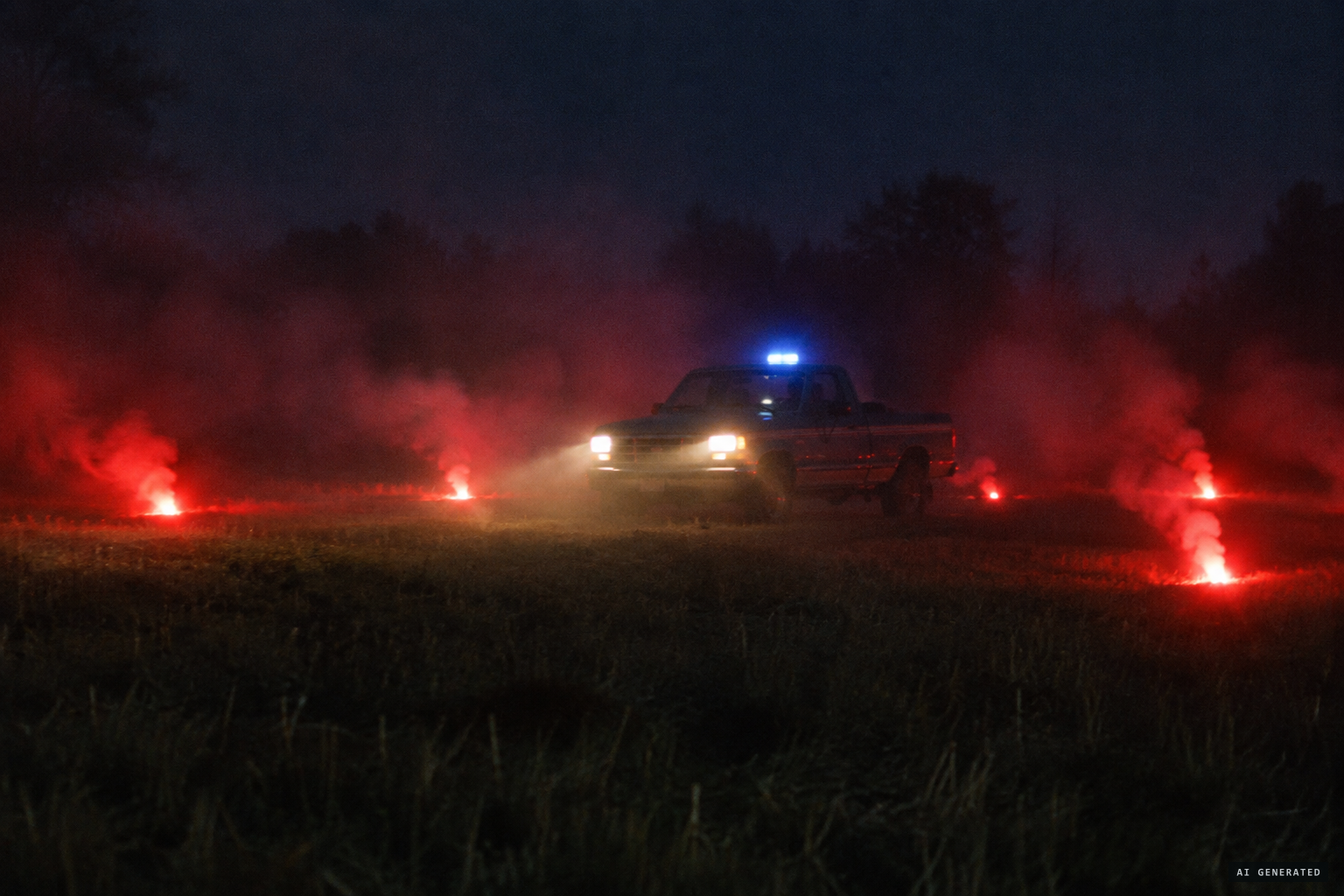 One explanation: a truck in a field surrounded by road flares