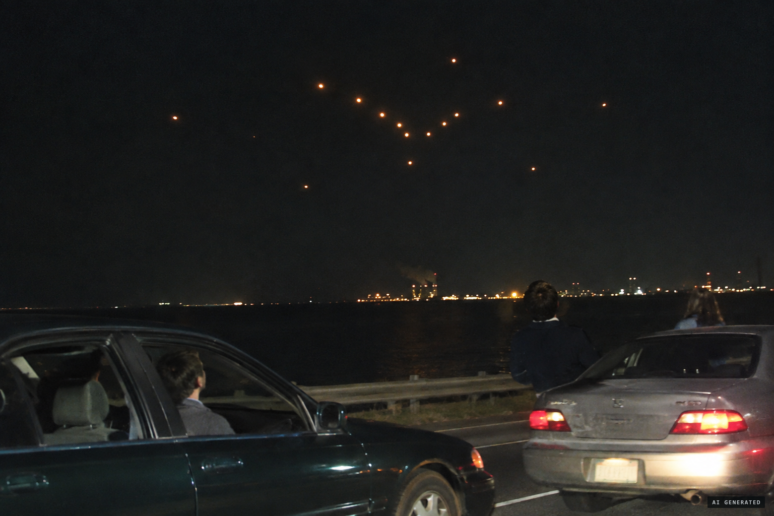 Sixteen golden-orange lights, several in a V formation, hover silently over the Arthur Kill