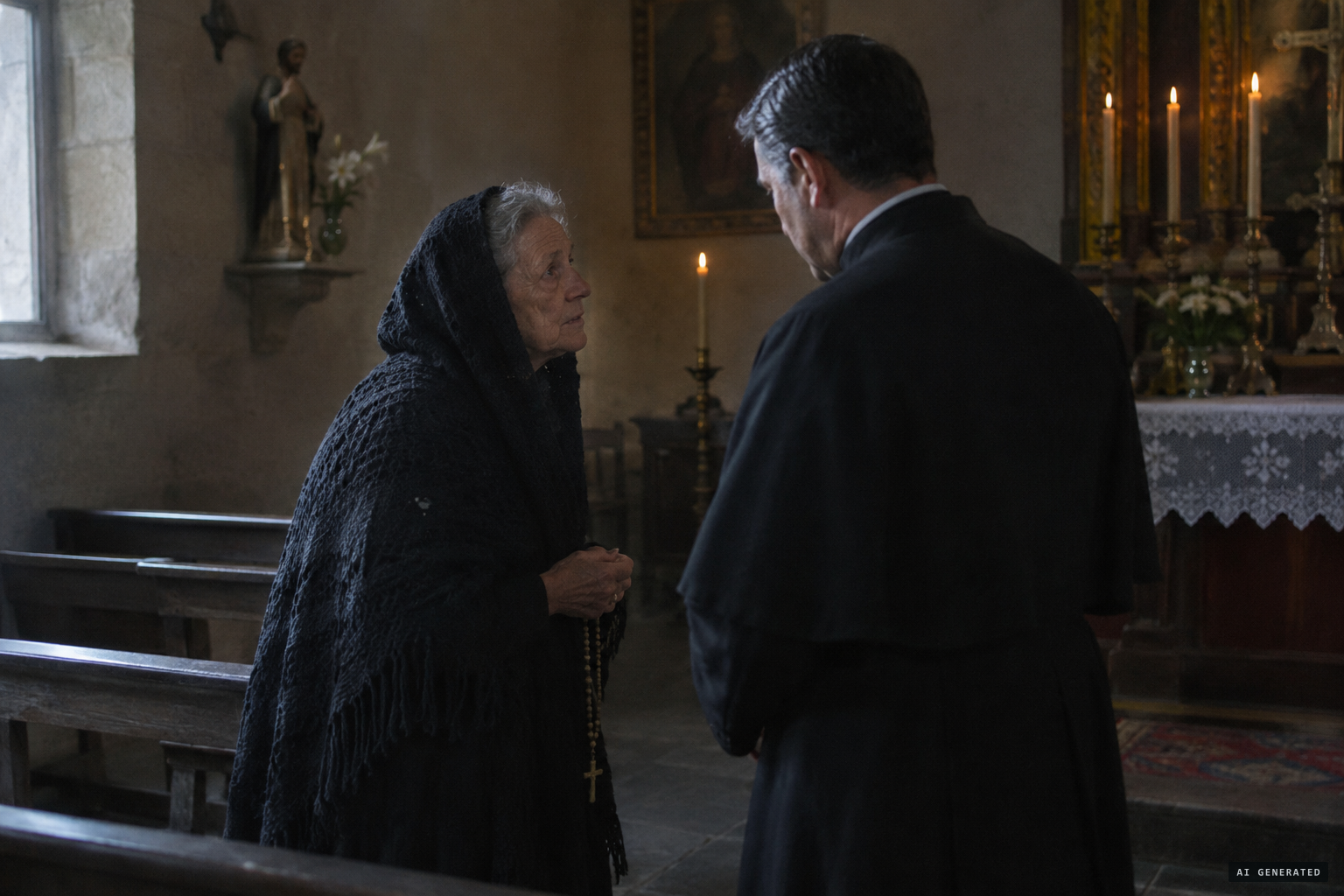 Juliana tells her story to parish priest Juan Antonio Combarro
