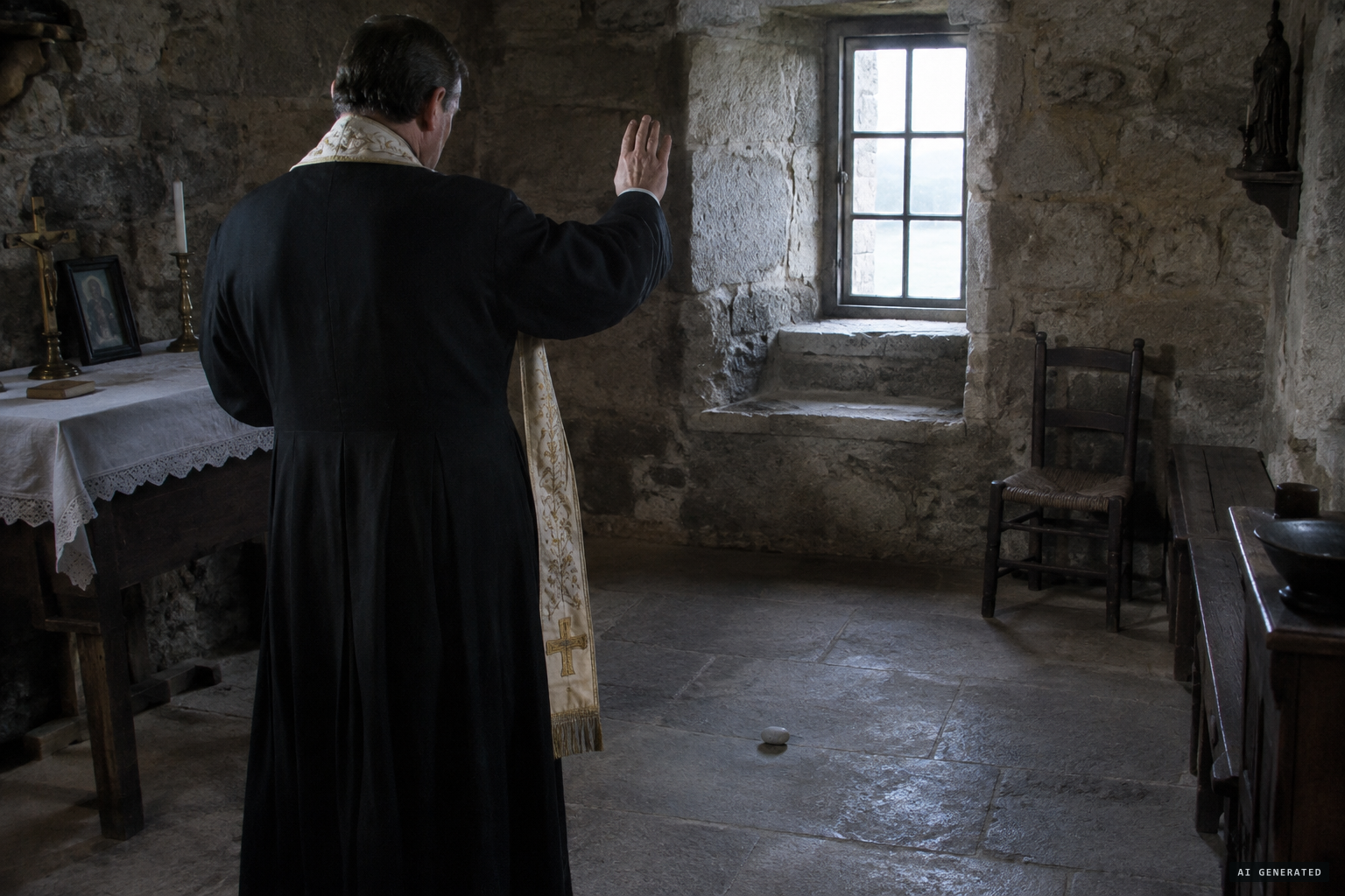 During the blessing, a little stone falls gently before the priest