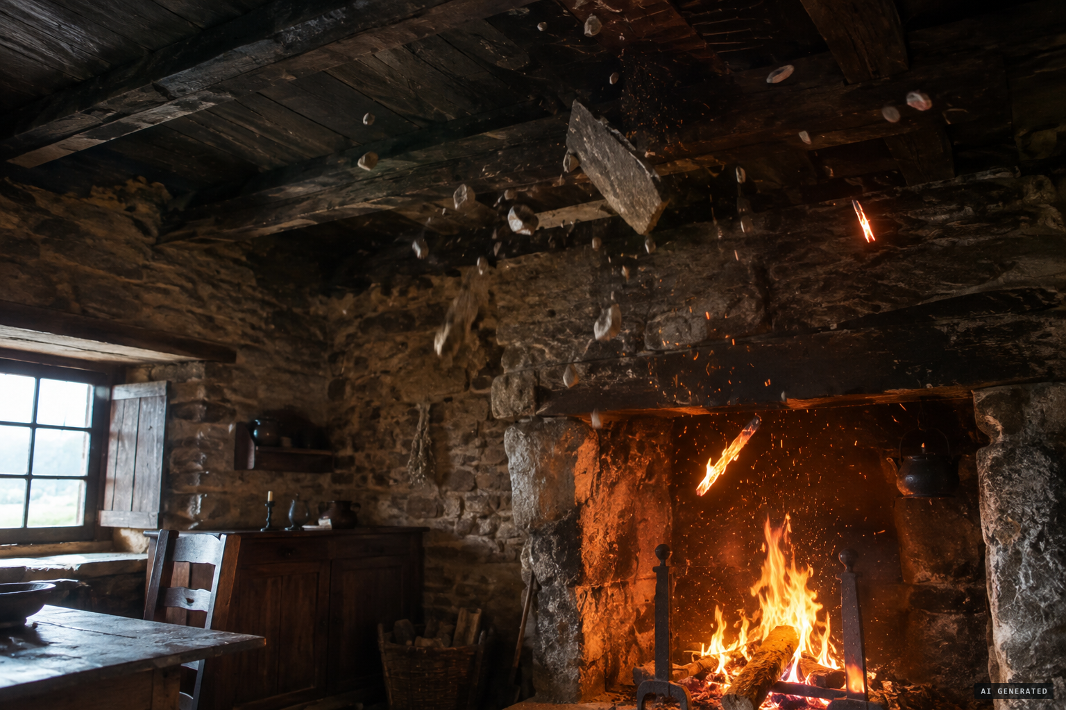 Stones fall from the ceiling and burning brands rise from the hearth