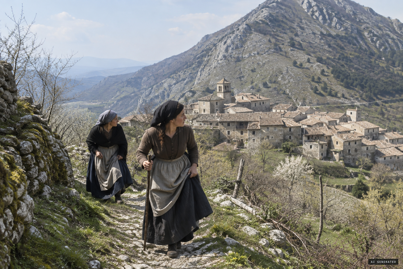 Two peasant women climb Monte Patalecchia above Castelpetroso to find a stray sheep