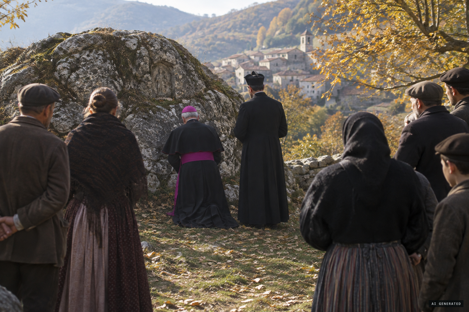 Bishop Macarone Palmieri prays at the rock and has the apparition himself