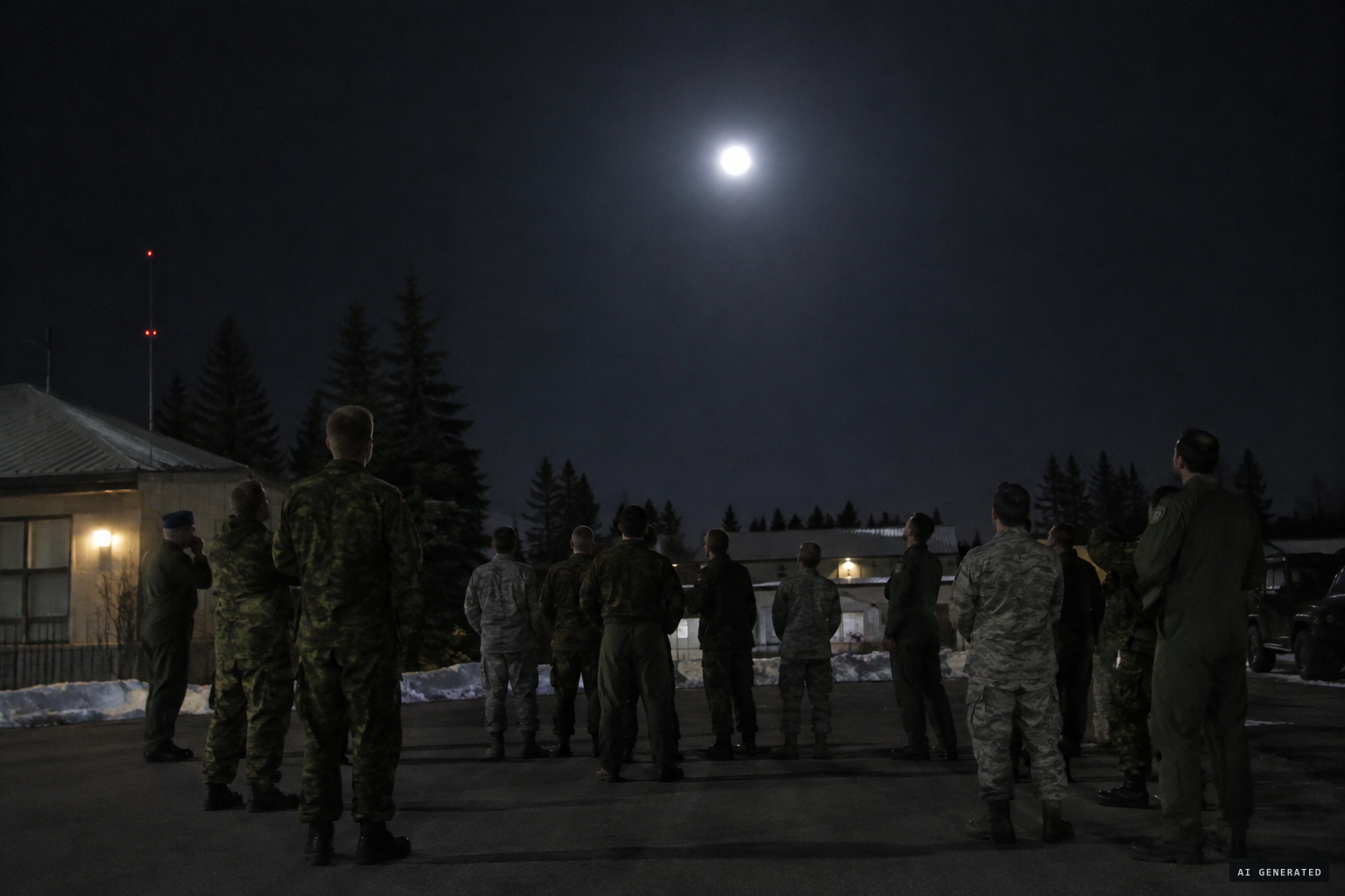 A large, solid-looking white orb in a starless sky, watched by about 15 personnel