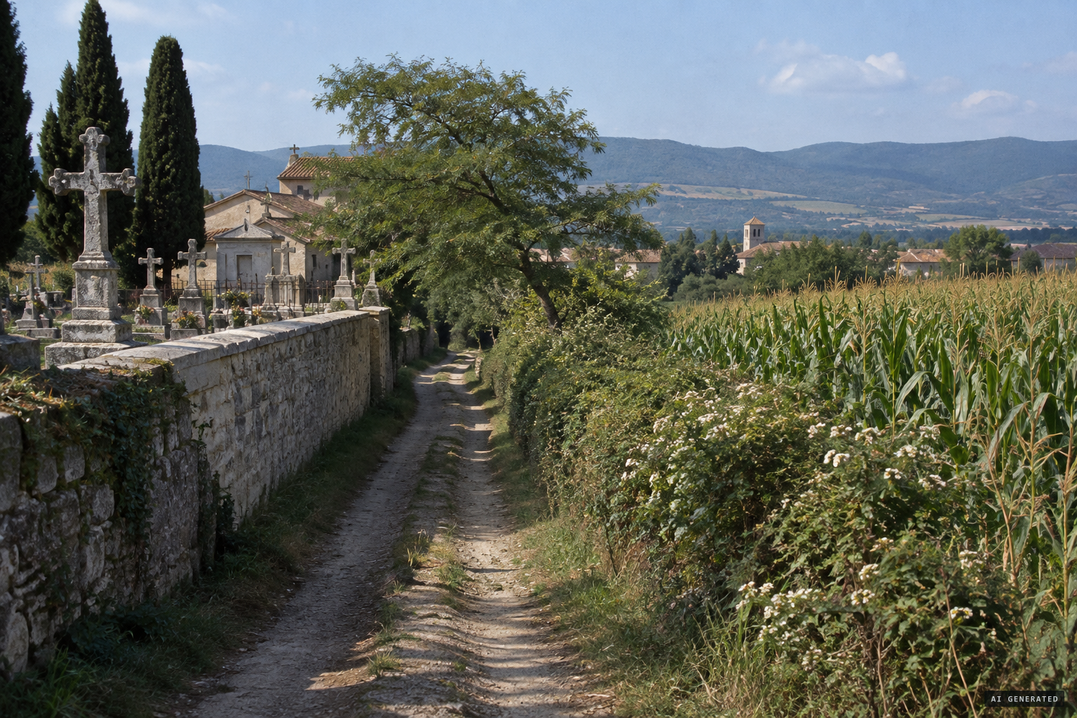 The sunken lane beside the Chabeuil cemetery, next to the maize and alfalfa field