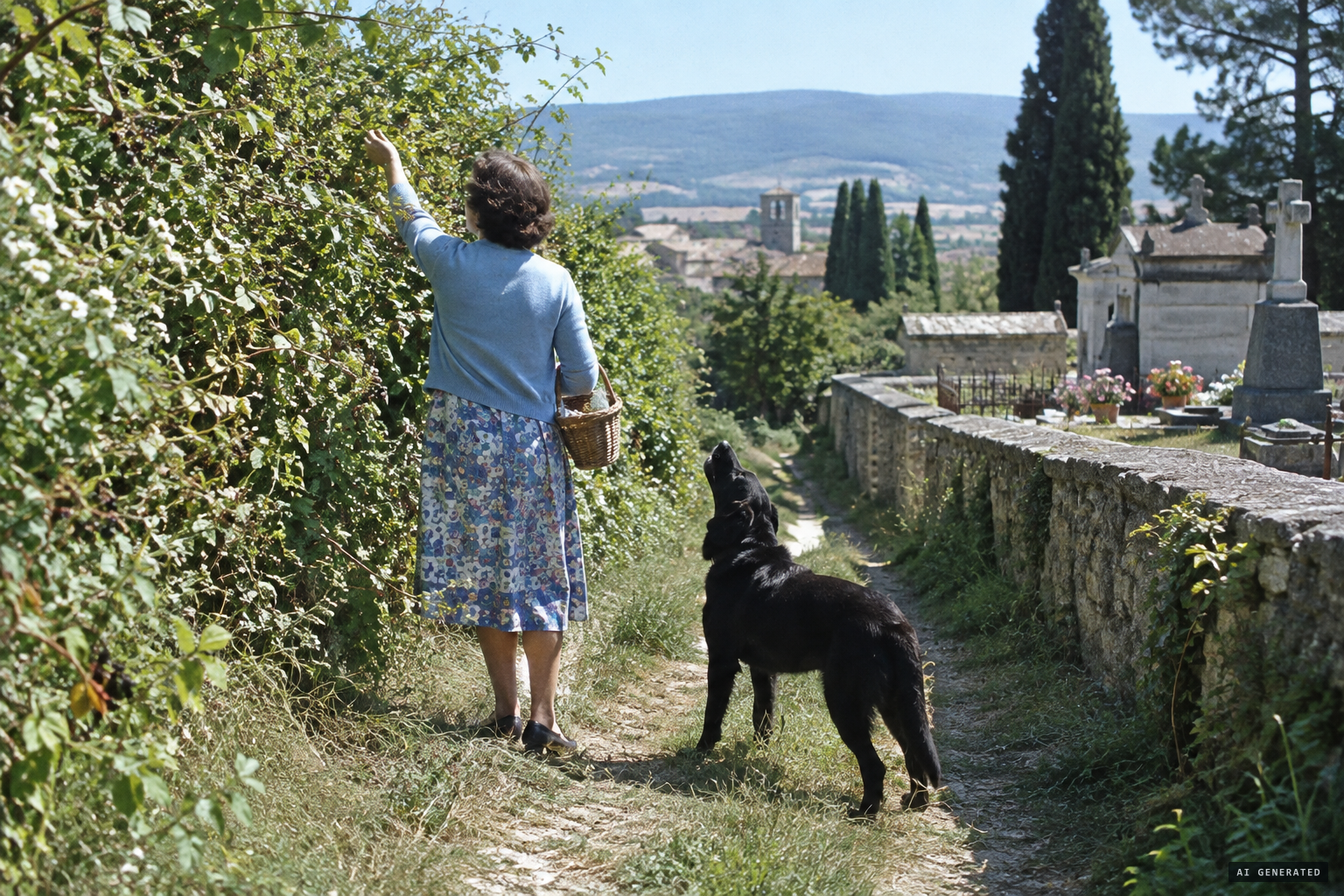 Mme Leboeuf picks mulberries in the hedge as her dog Dolly begins to howl