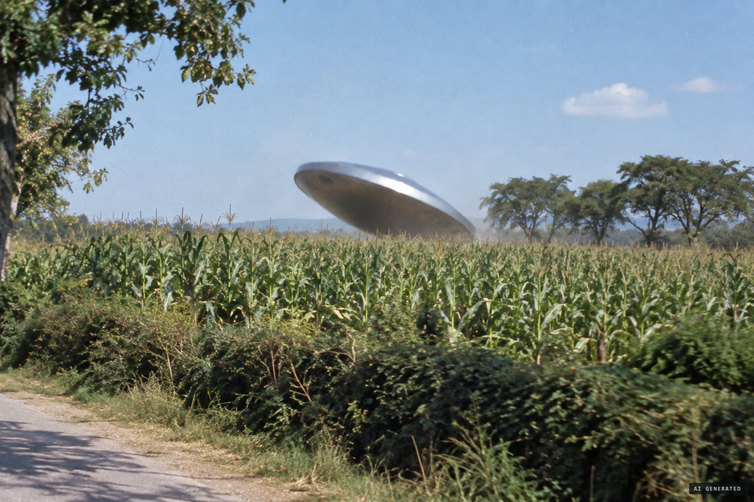 A circular craft about three metres across rises skewed from behind the maize