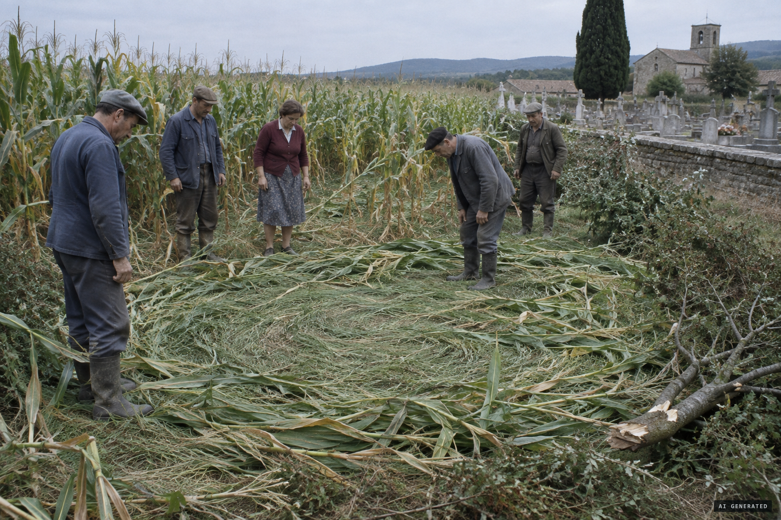 Farmers examine the flattened maize, pressed grass and snapped acacia branch