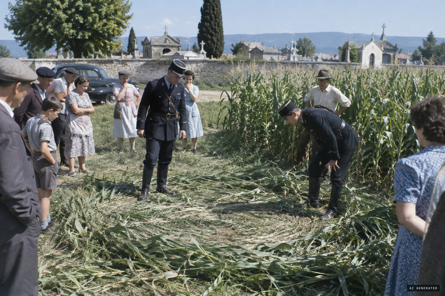 Gendarmes and members of the public examine the site