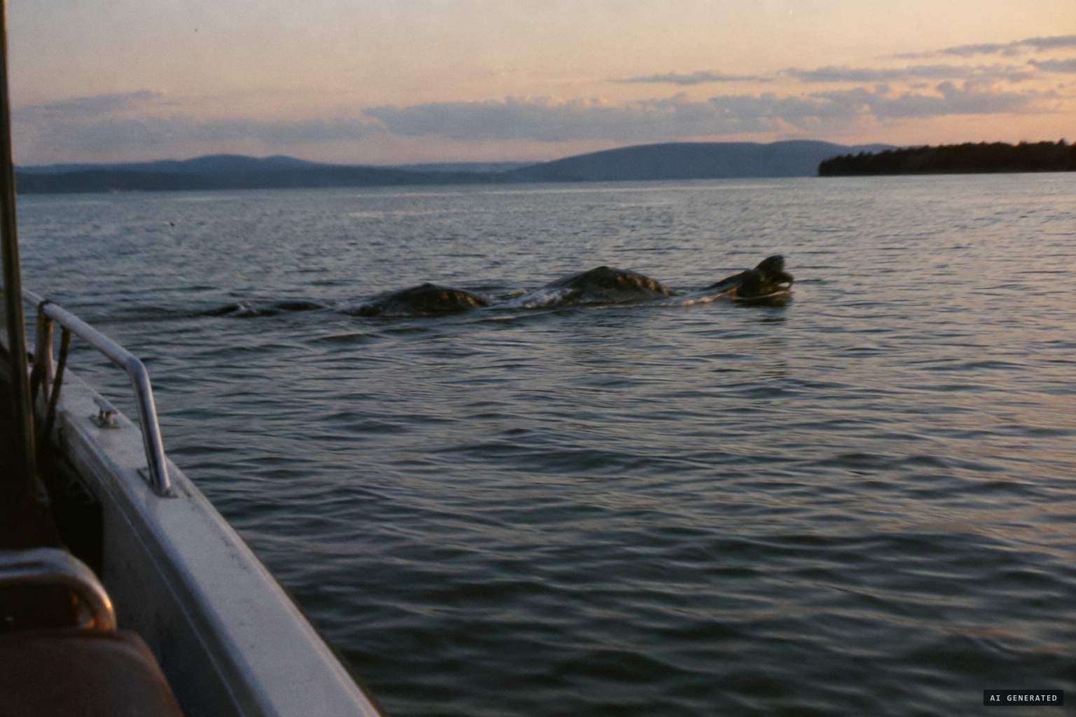About 30 feet long, dark greenish-brown humps 200 feet off port