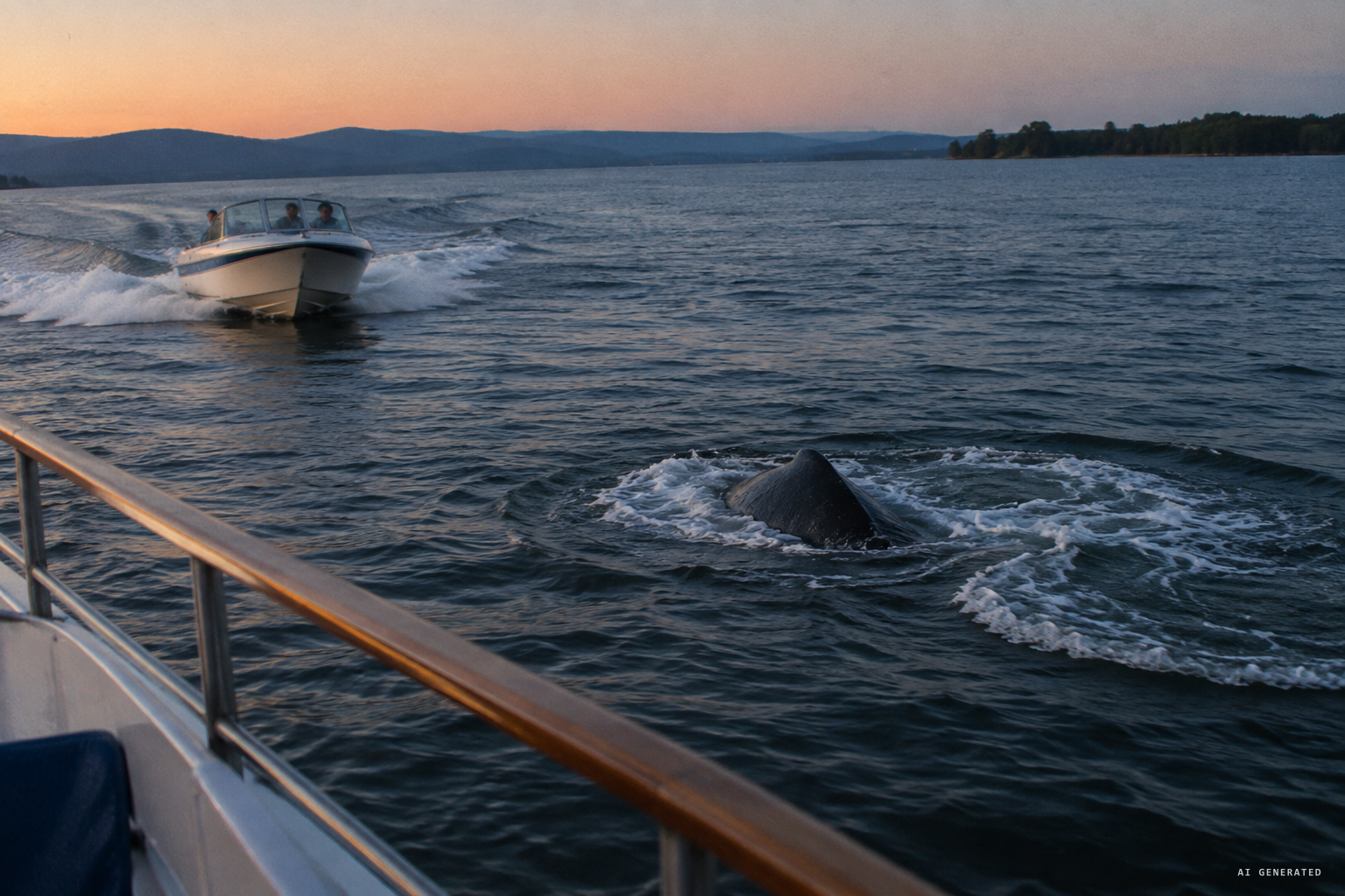A speedboat approaches; the object turns 90 degrees and dives