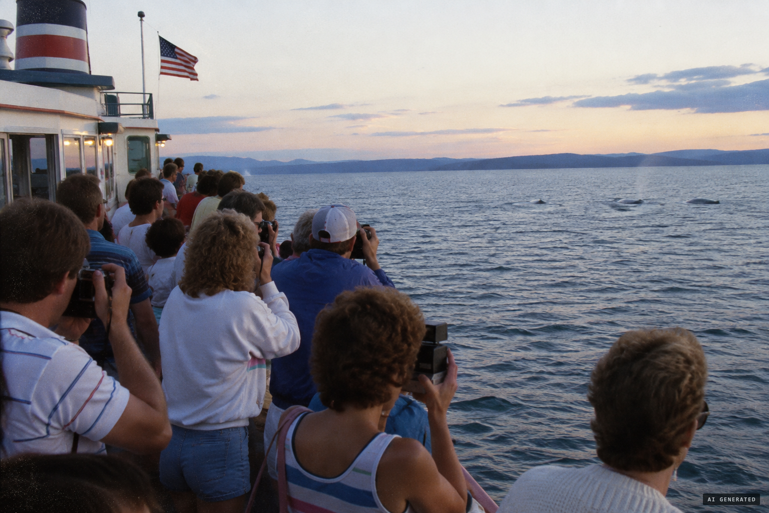 About 70 passengers watch, several photographing the bumps on the water