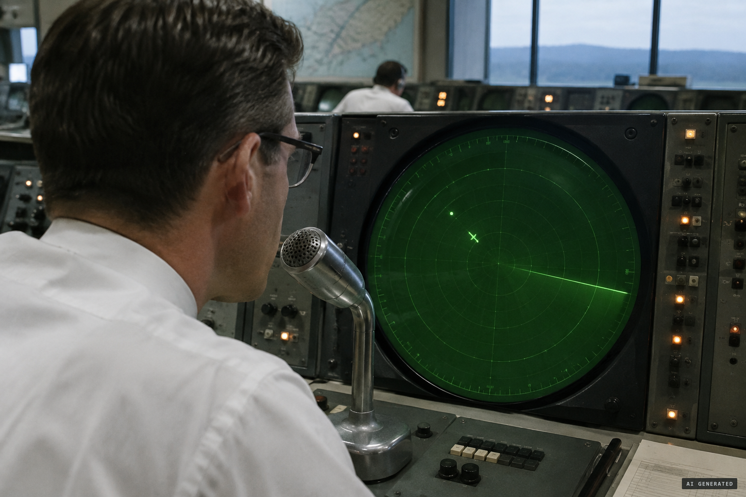 The controller's scope shows an unknown target 5 miles off the airliner's 11 o'clock