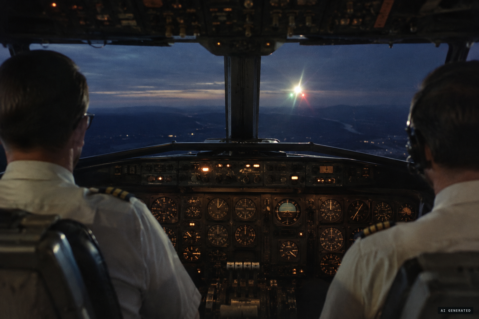 The captain watches a brilliant flaming light of white, green and red descend