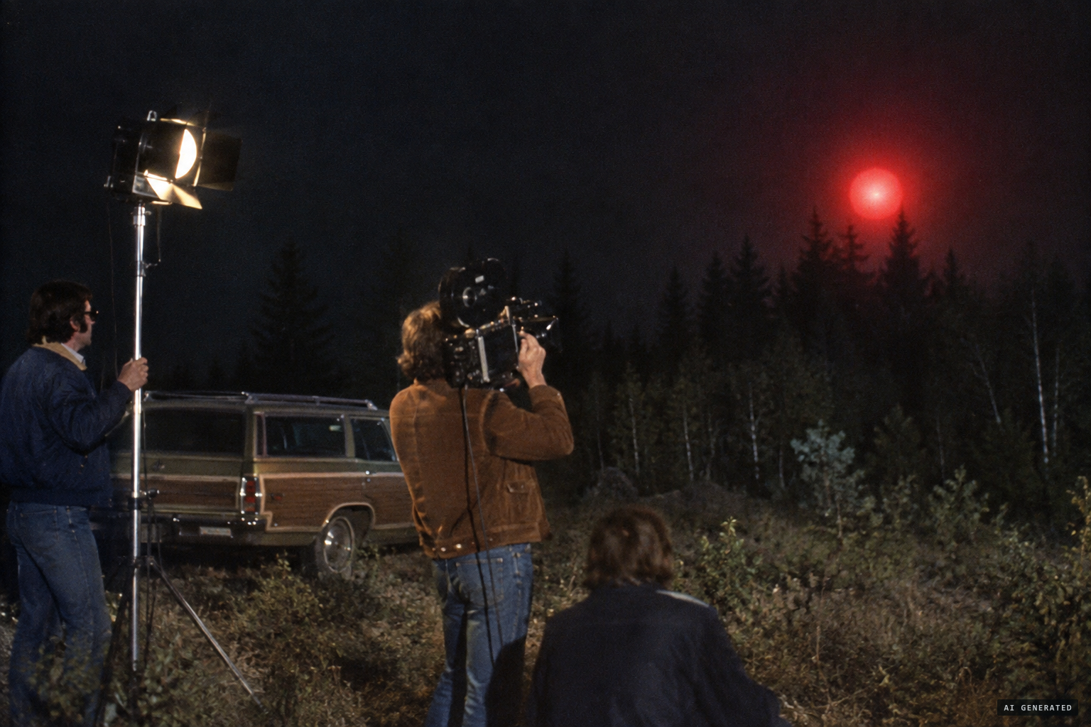 The CKY-TV crew films a red orb rising from the treeline