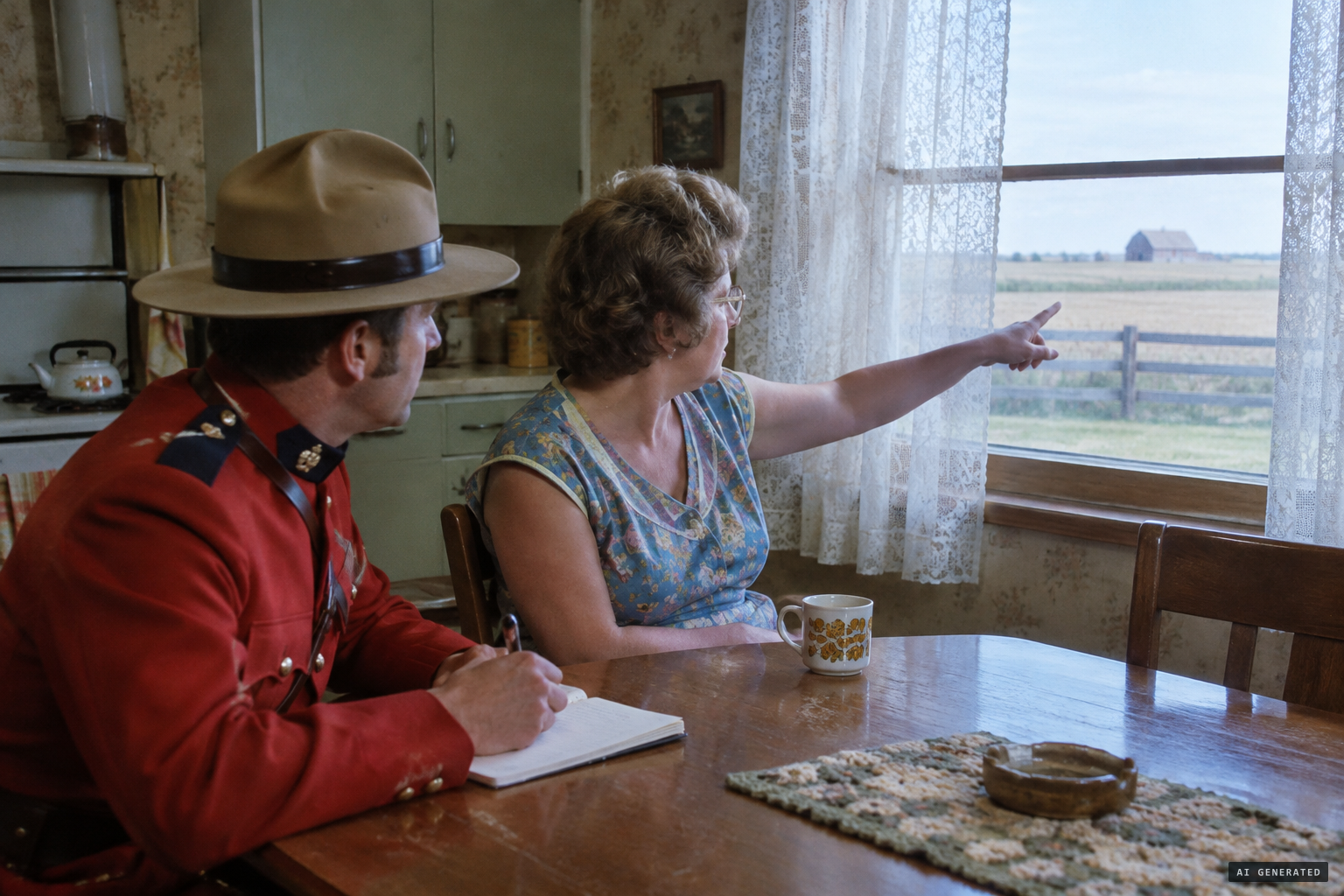 The RCMP takes a sighting report from a farm wife
