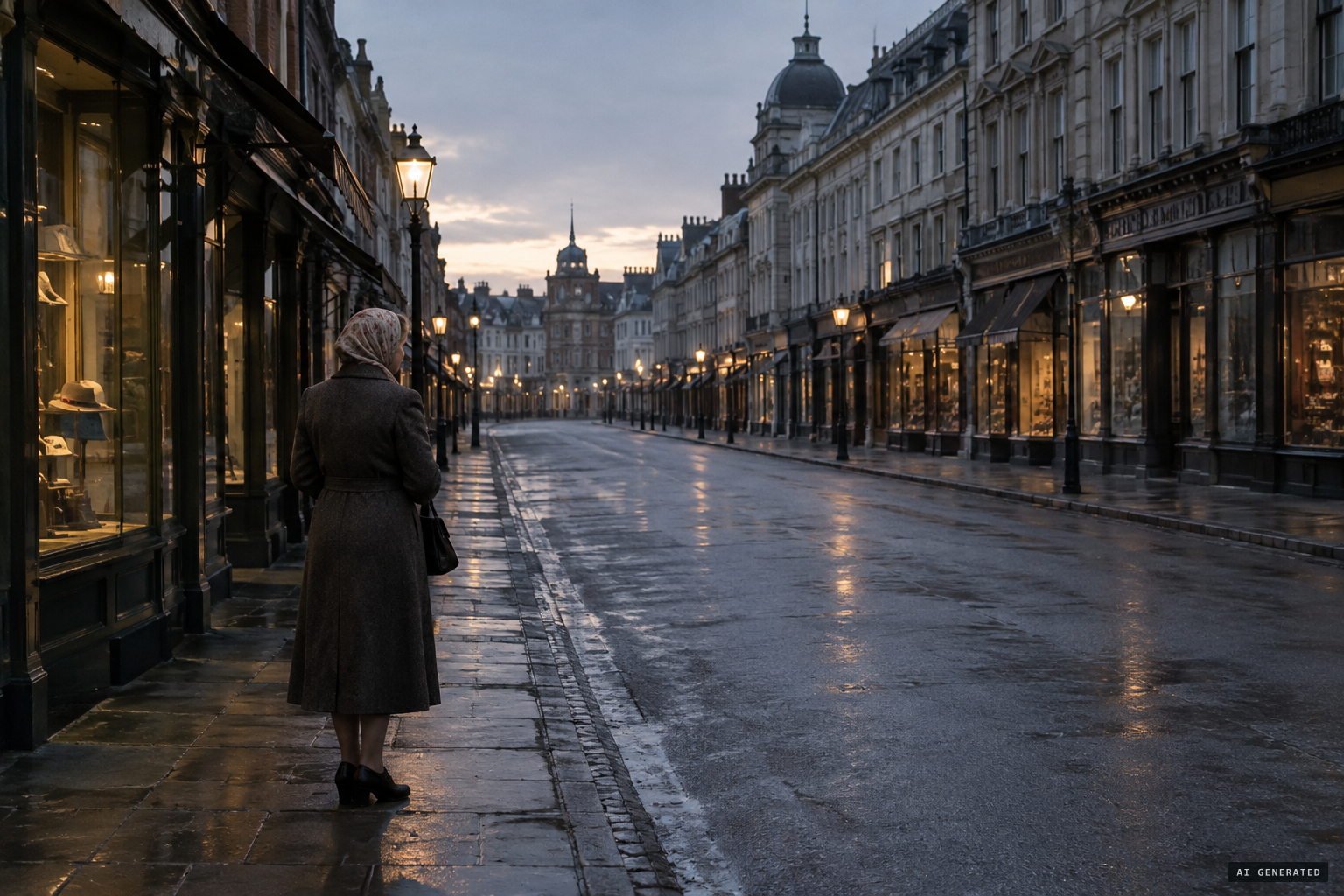Seamstress Eileen Arnold alone on the empty High Street
