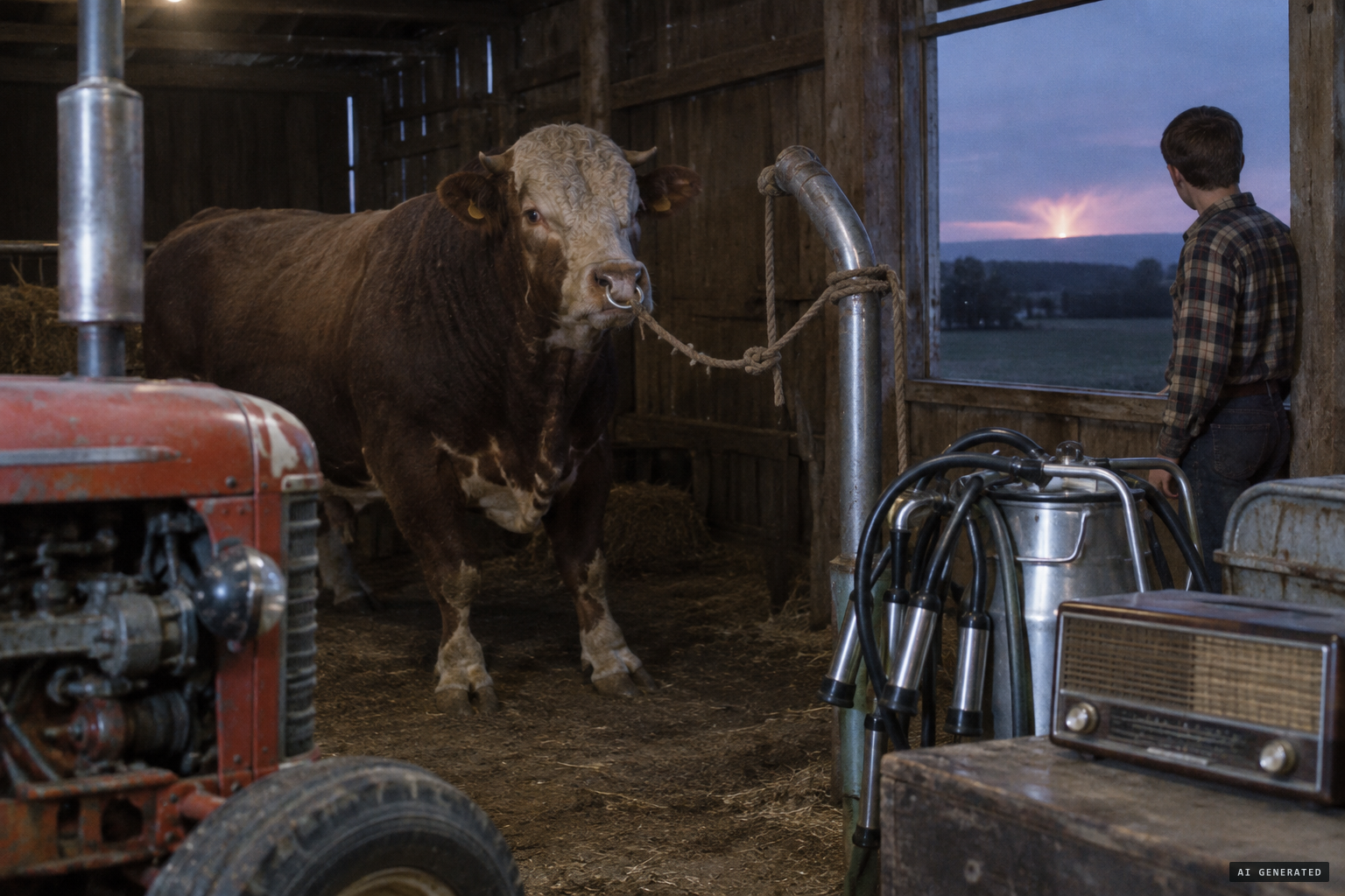 The radio crackles, the tractor motor dies and the bull bends its pipe
