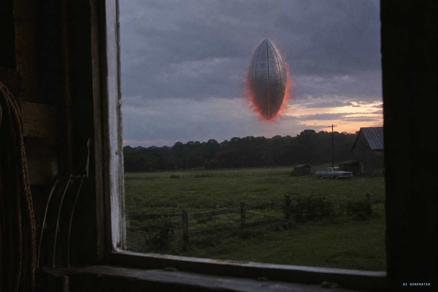 A football-shaped metallic object comes down wrapped in red vapor