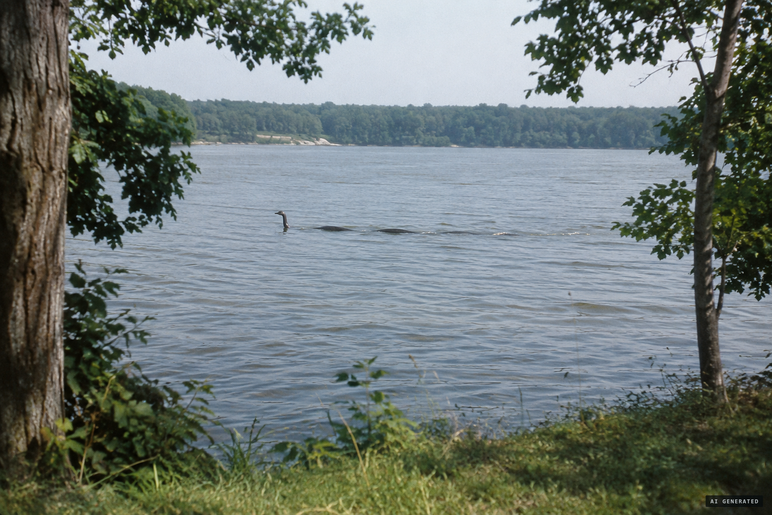 A creature lifts its head and undulates in the Potomac, 1978