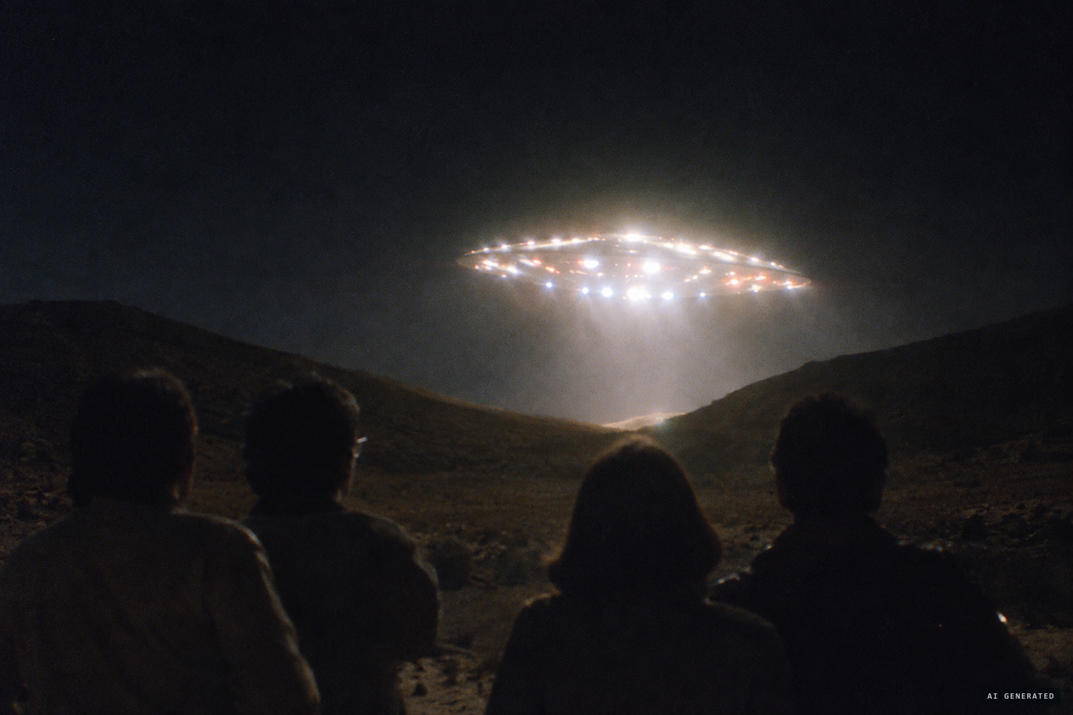 A lens-shaped object full of lights comes out from between the hills