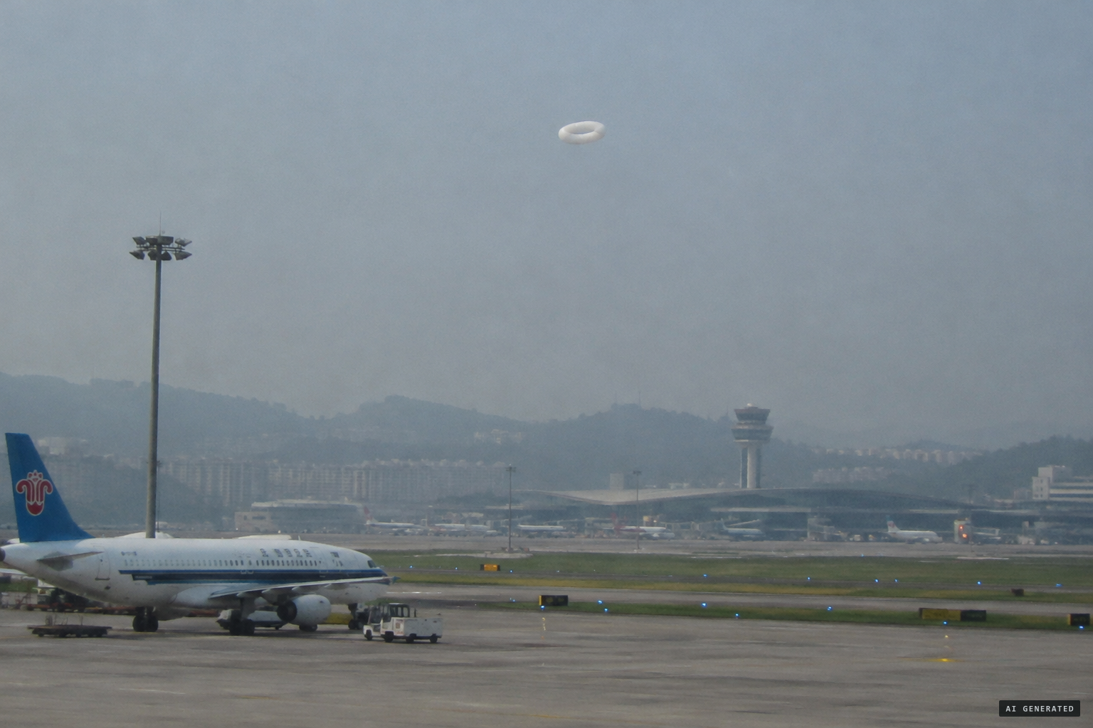 A white, doughnut-shaped object reported circling high above the runway