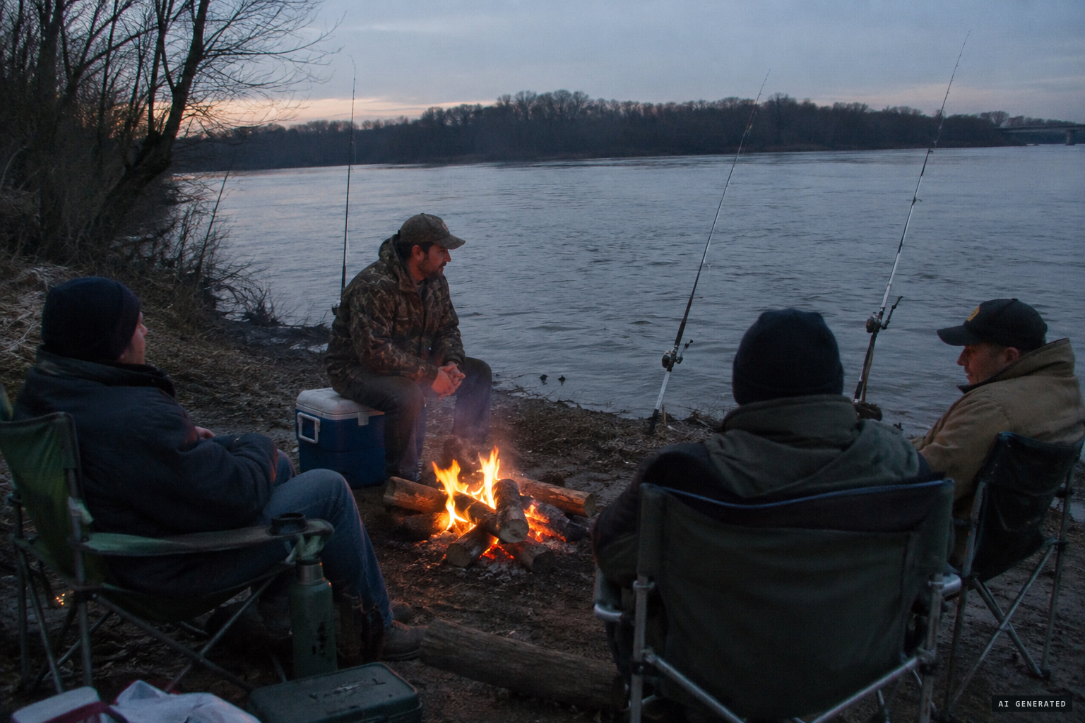 The others keep a fire going on the riverbank