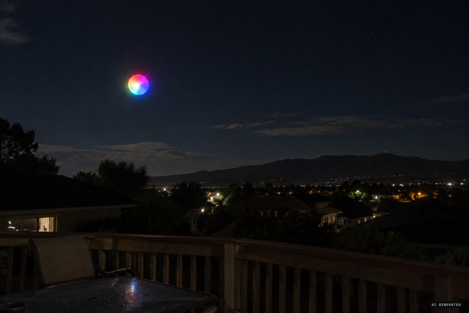 A brightly lit perfect sphere, its lights changing through a wide range of colours.