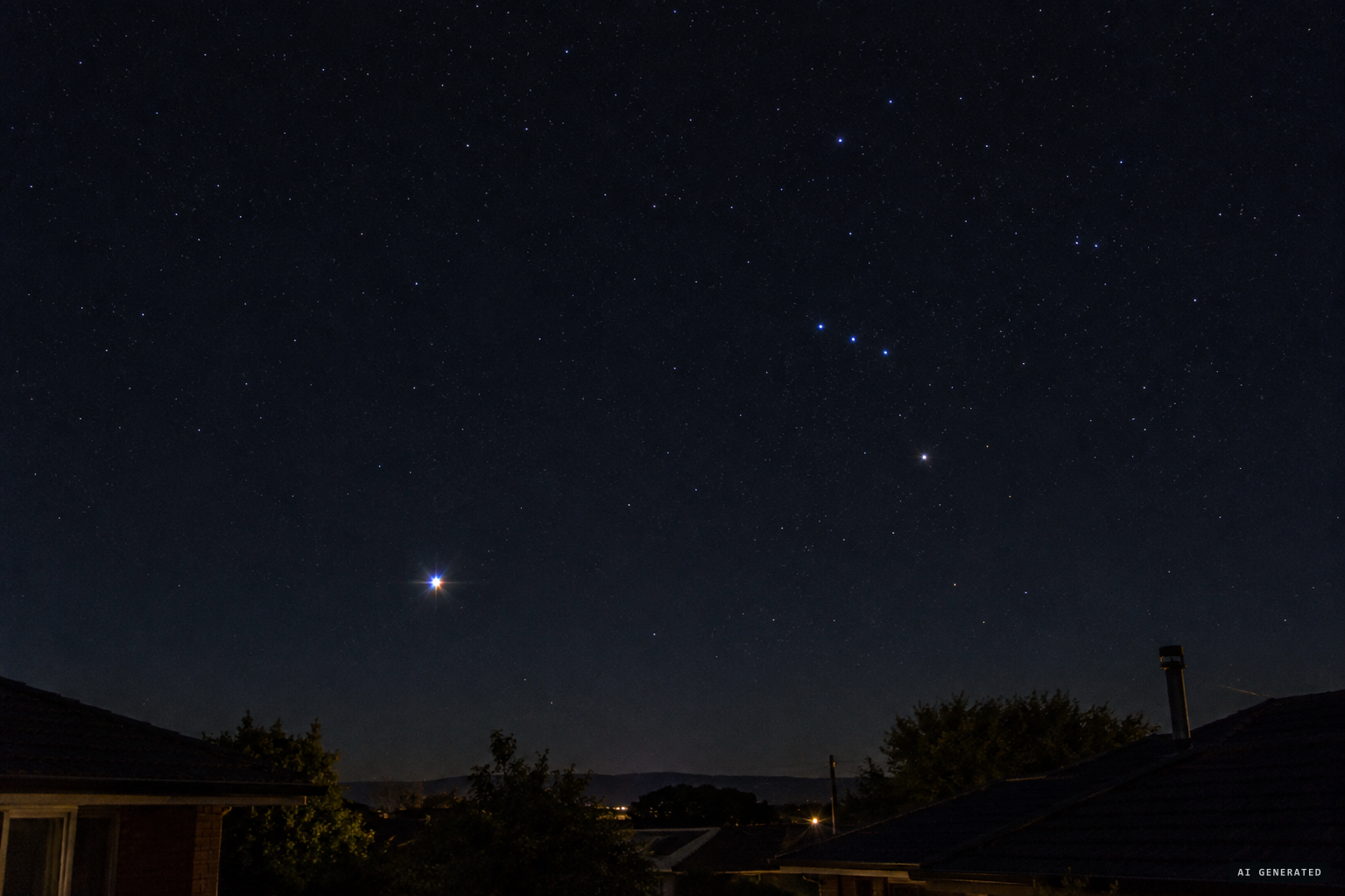 An astronomer points to Sirius flashing colours, and Orion's belt for the three objects.