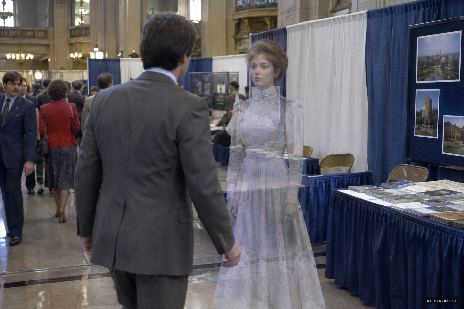 An exhibitor sees a pale young woman in old-fashioned clothes turn transparent and vanish