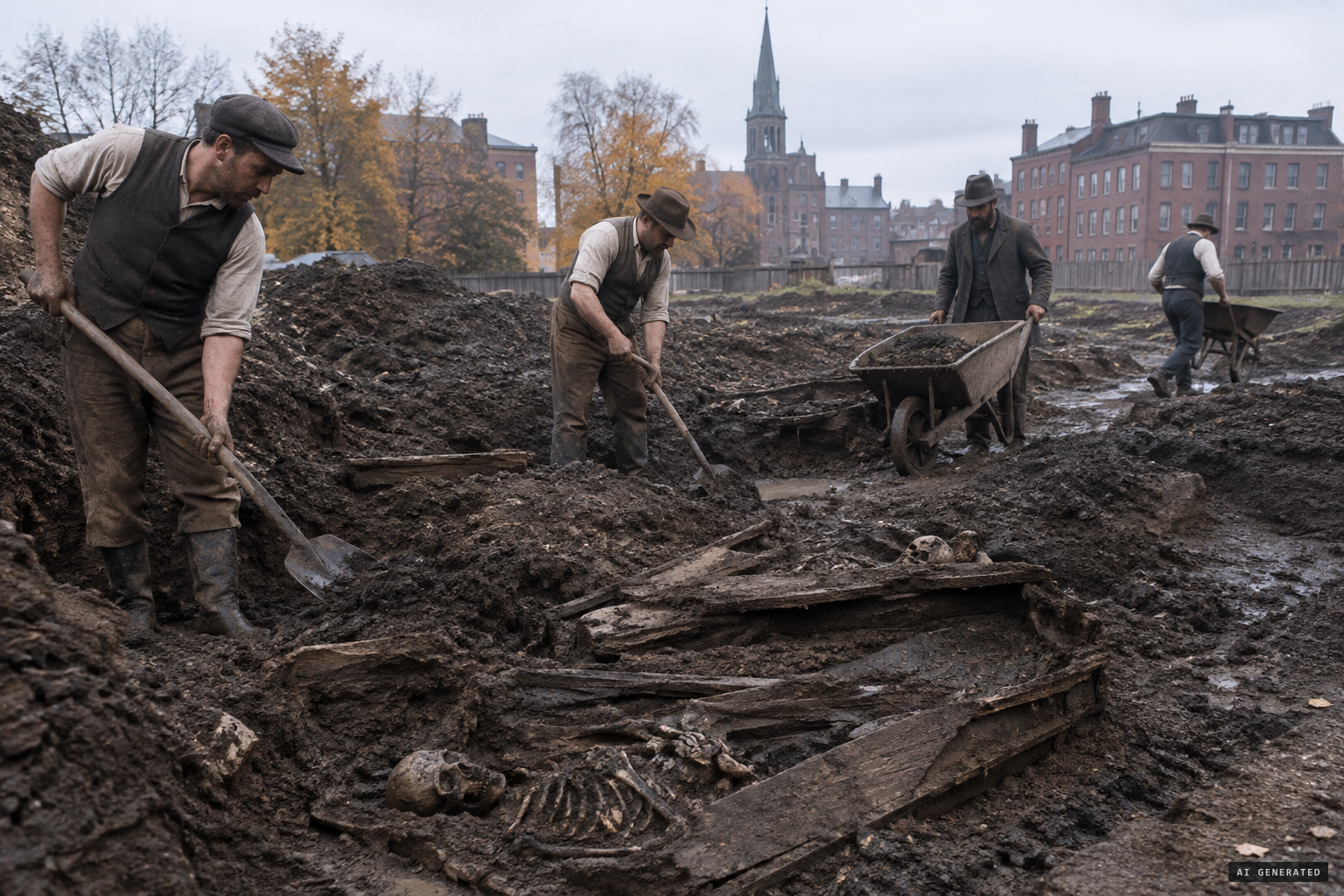 Graves turn up as the foundations are dug in October 1876