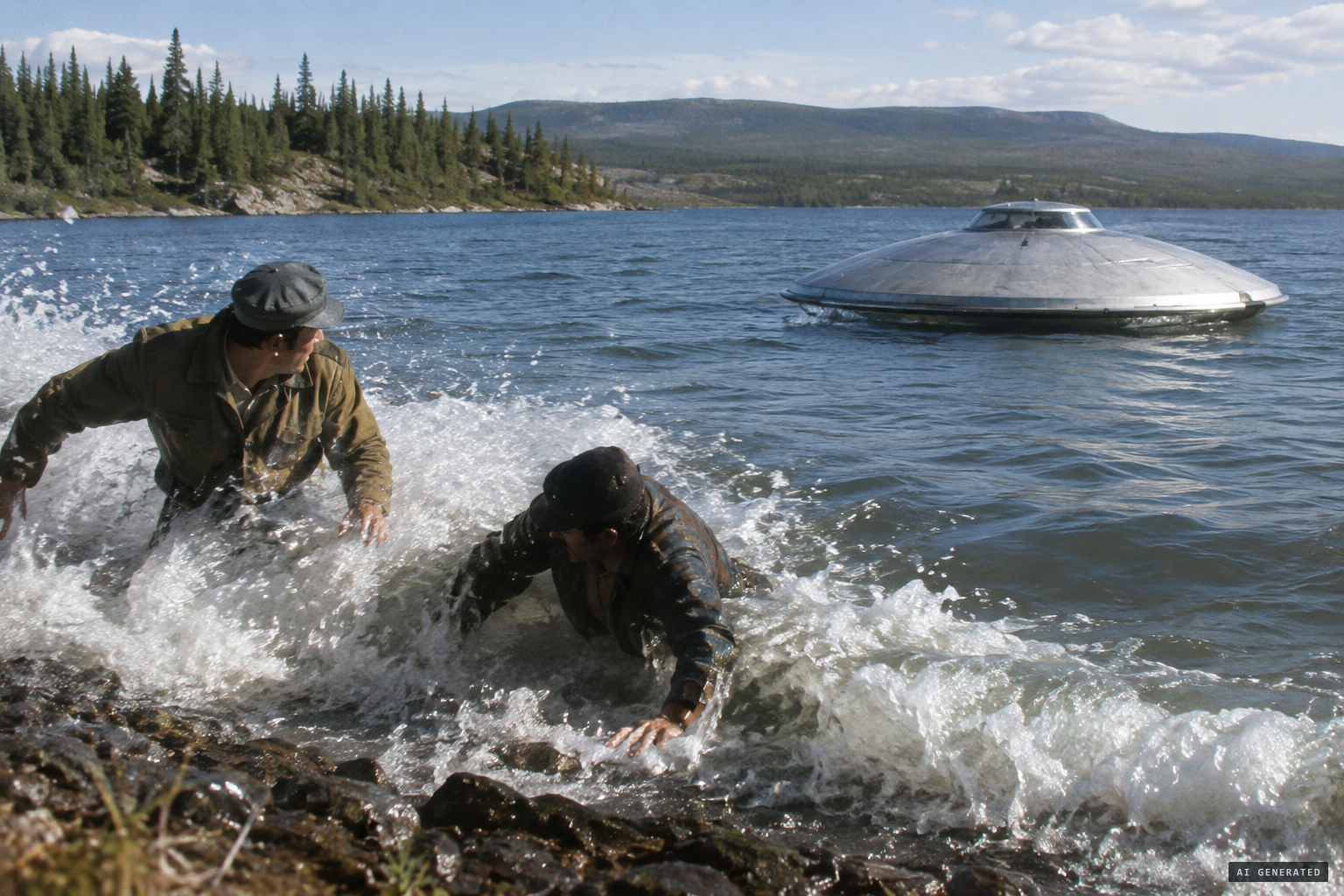 As it slows, a wave sweeps over the men on the shore