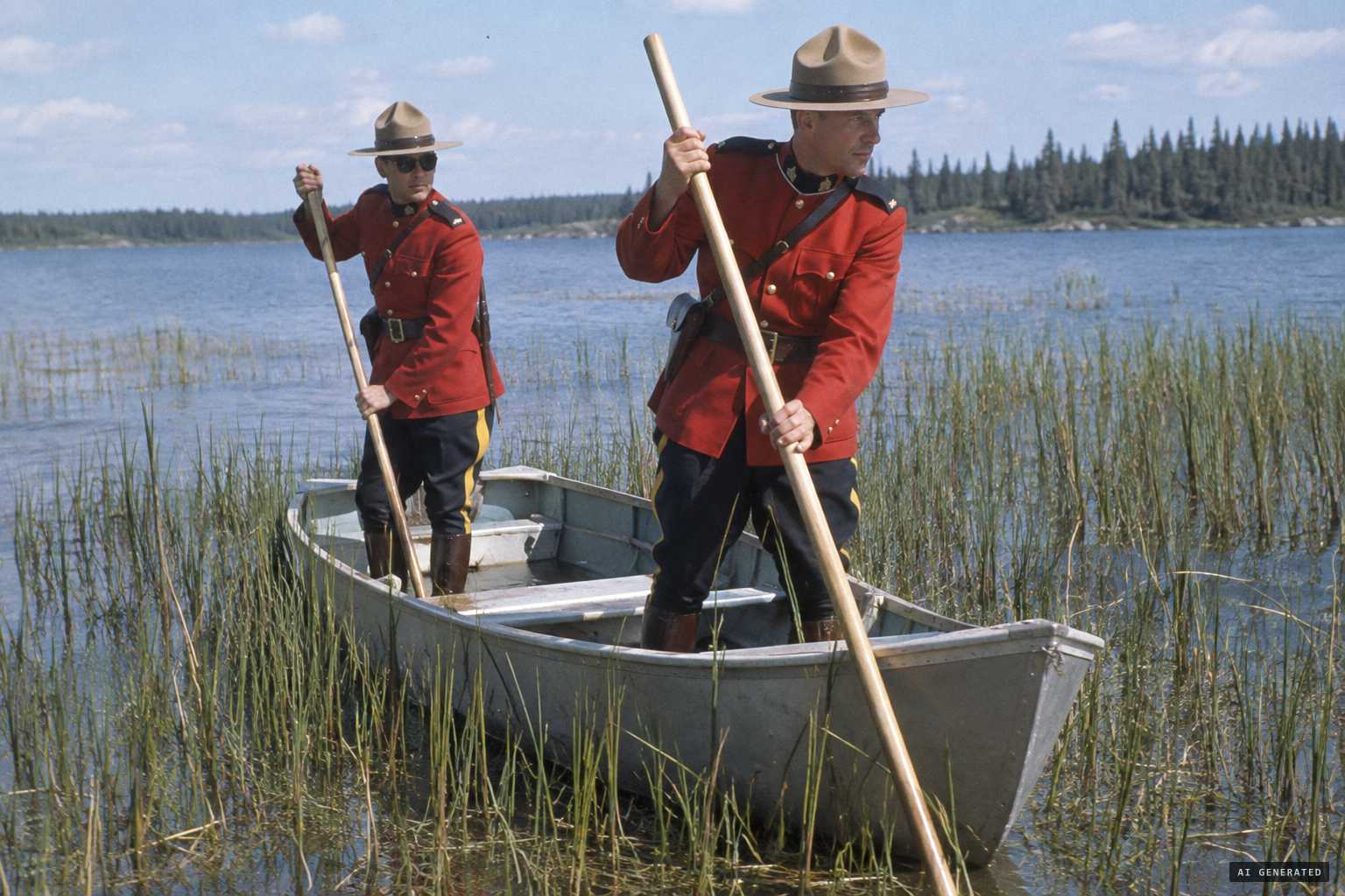 Officers probe the shallow lakebed with long pieces of wood