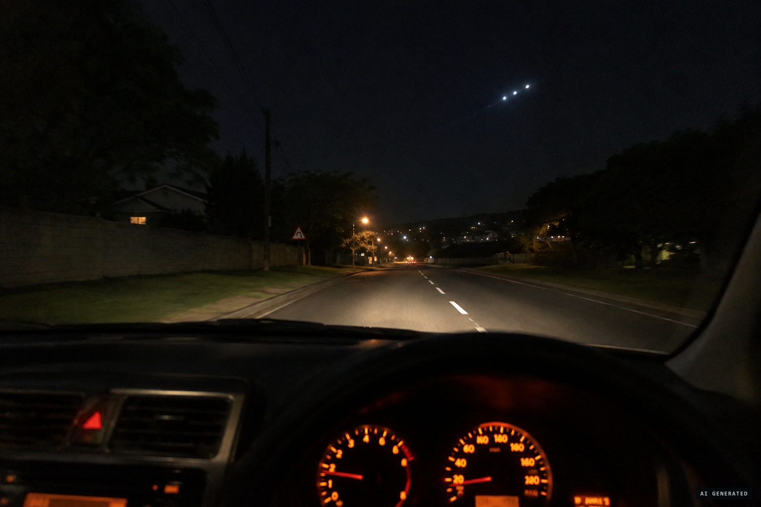 Driving home along Roberts Road, three bright lights in the night sky
