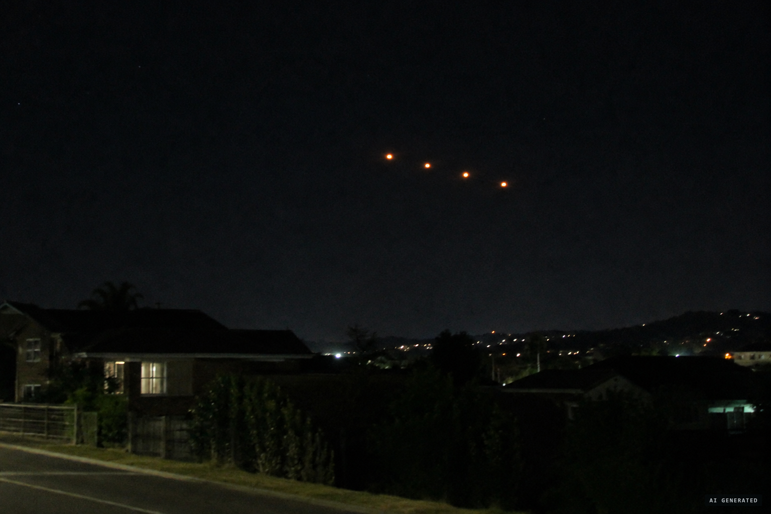 Four orange orbs travelling swiftly in single file