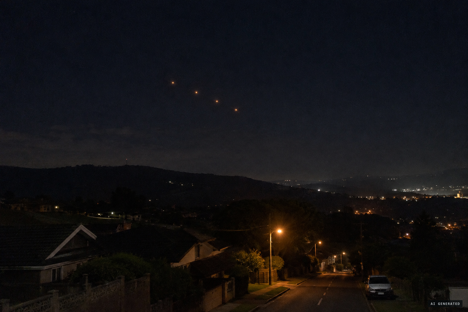 Four orange orbs, in single file, heading for Greytown, still unexplained