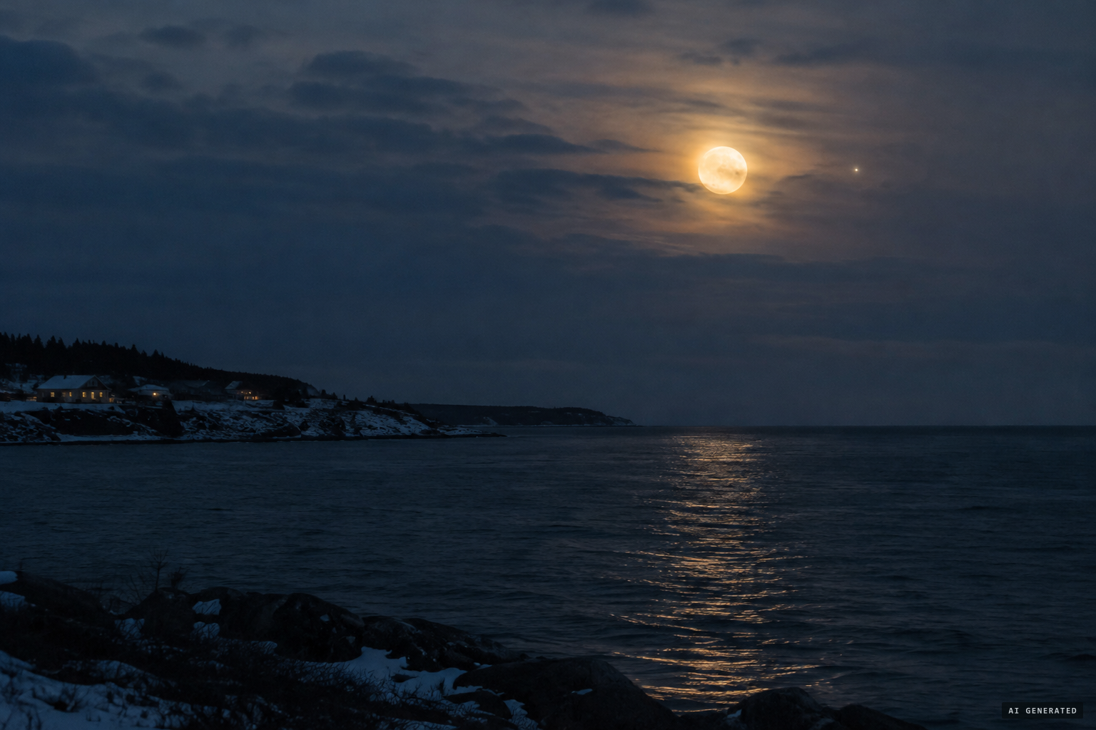 A nearly full moon rising beside Jupiter in the east