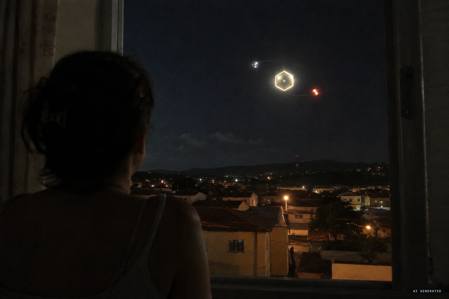 The police commander's wife sees a luminous hexagon circled by a silver and a red sphere