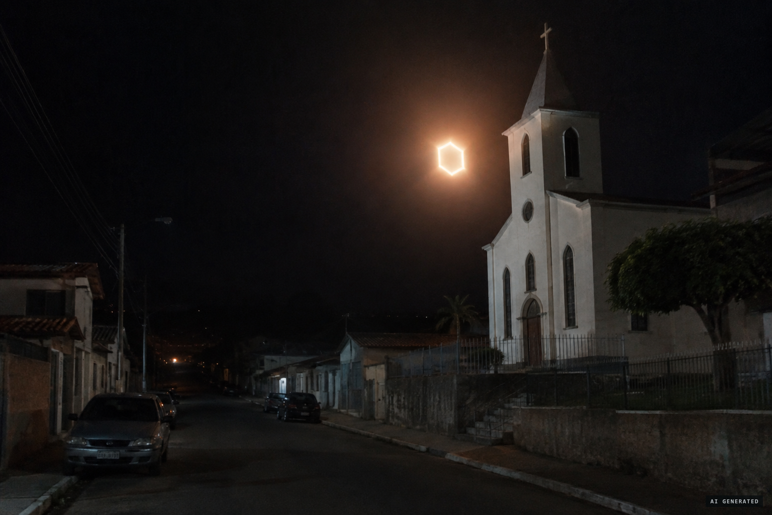 Street lights in Bela Vista go black as the object nears the church