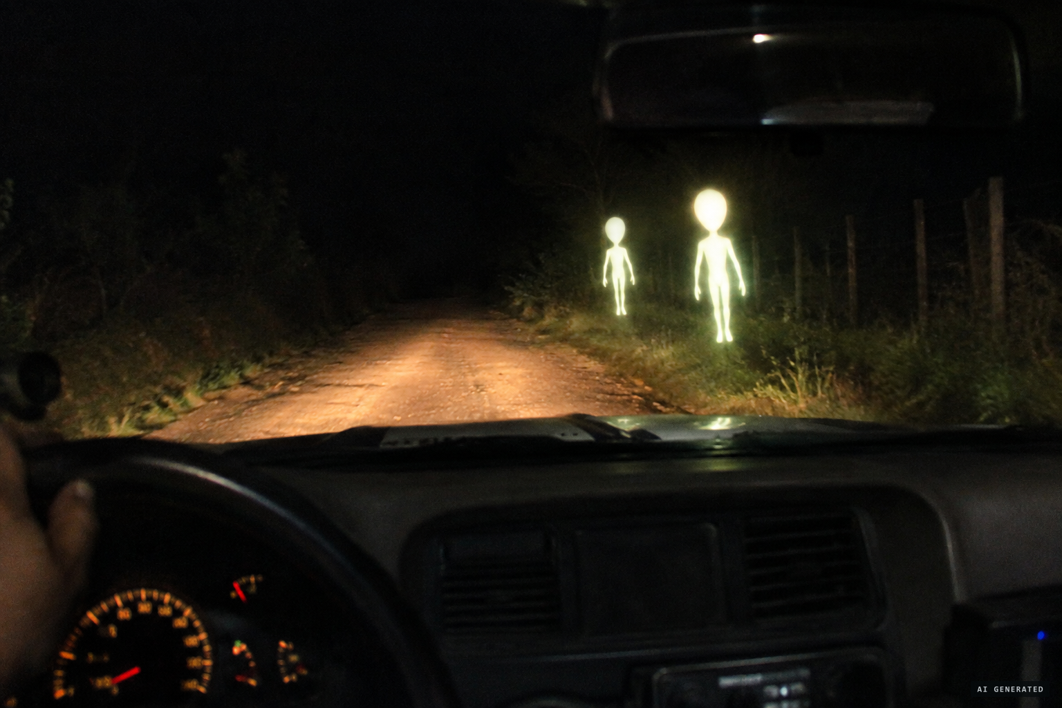 Two luminous beings move ahead of the truck without touching the ground