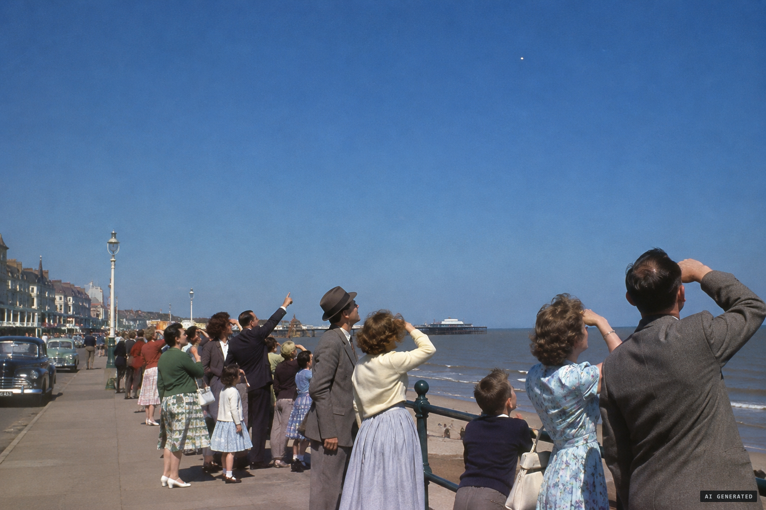 High over the promenade, a mystery sphere glitters in the blue sky
