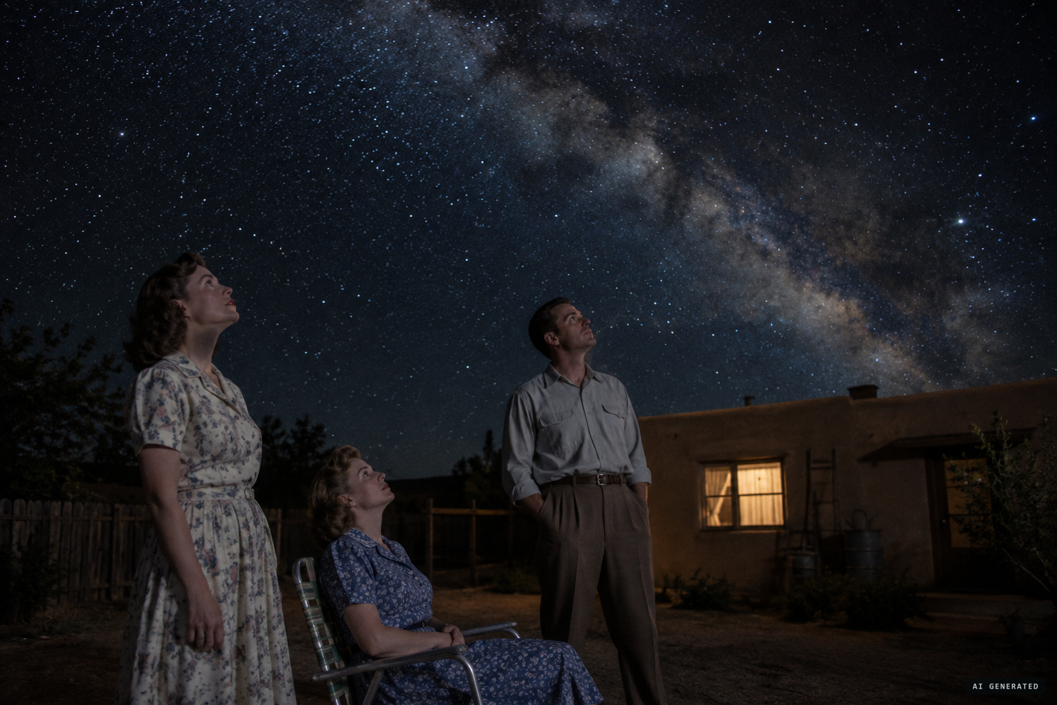 Tombaugh, his wife and his mother-in-law look up at a clear night sky from the backyard