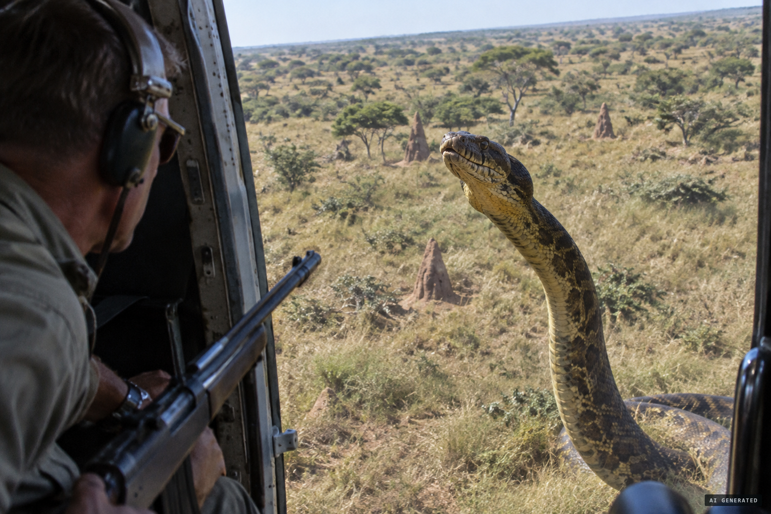 The snake rears ten feet up, as if to strike
