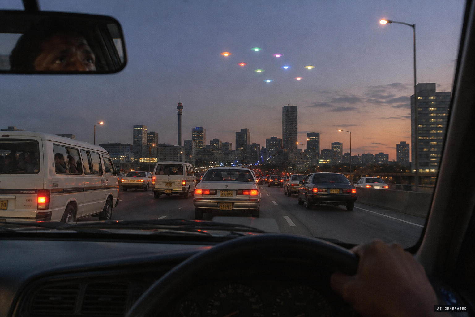 Coin-shaped, colour-changing lights over the M1 at rush hour