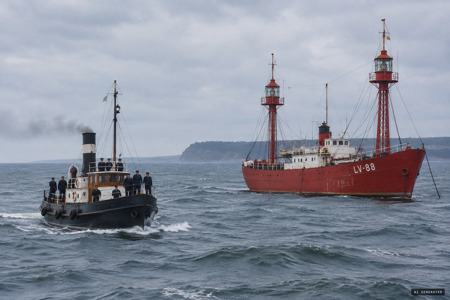 The Columbia River Lightship LV-88 on station as the tender Rose arrives with a relief crew