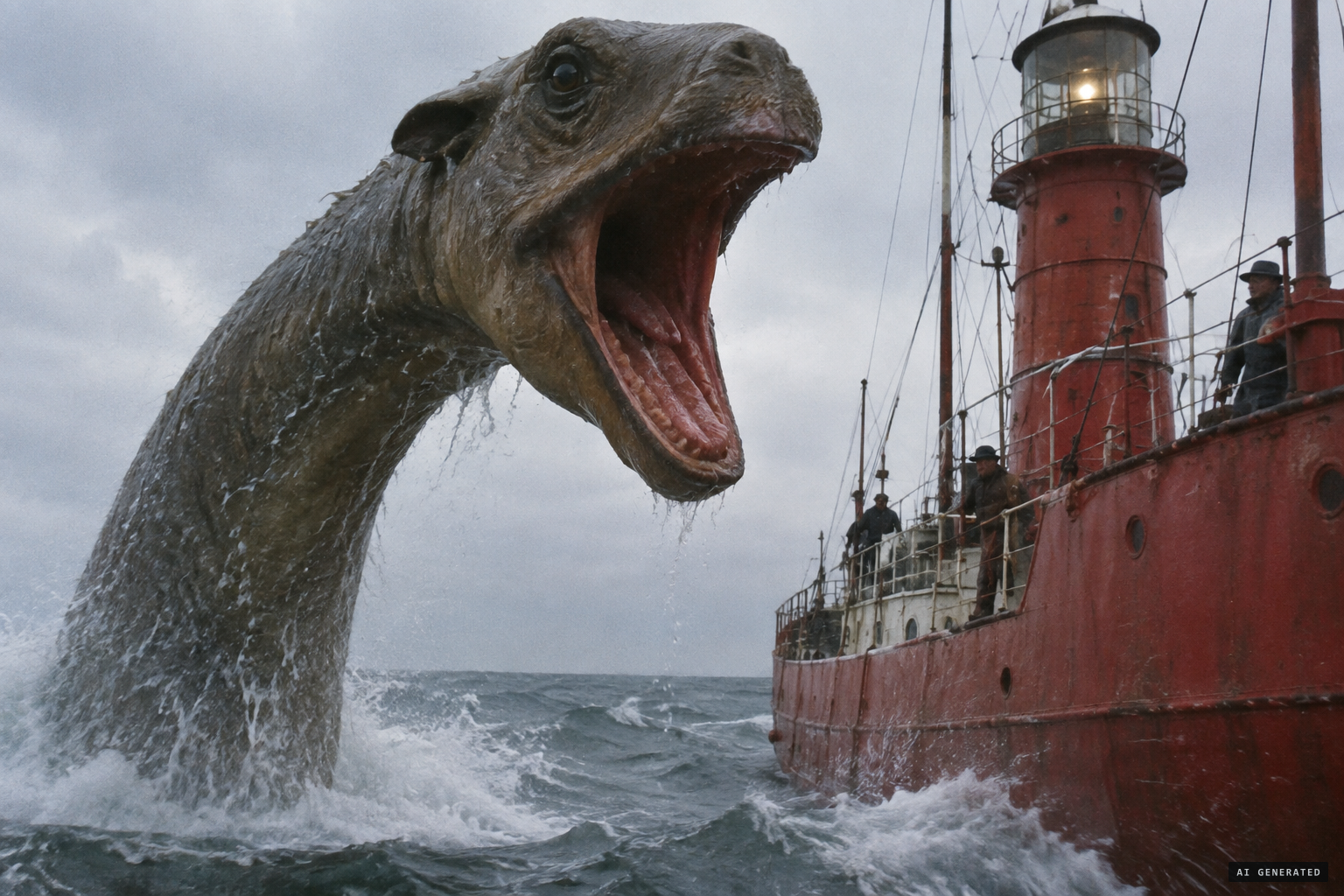 The camel-like head opening its huge mouth and gaping at the lightship