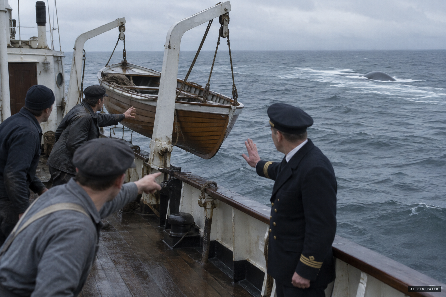 The officers refuse to lower a boat, fearing the creature might swamp it